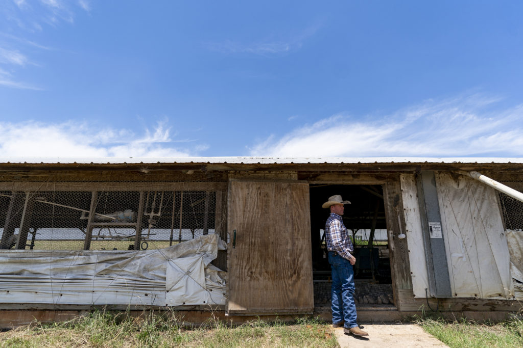Man stands outside of a wooden shed
