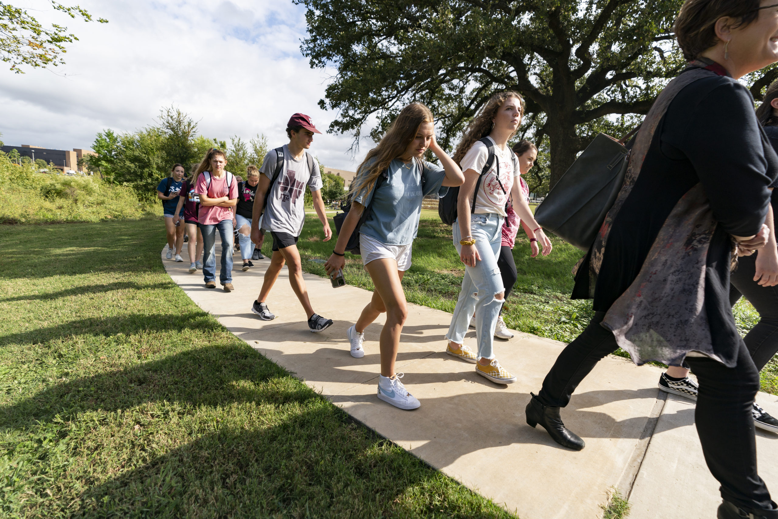 Students walking along a path with surrounding greenery